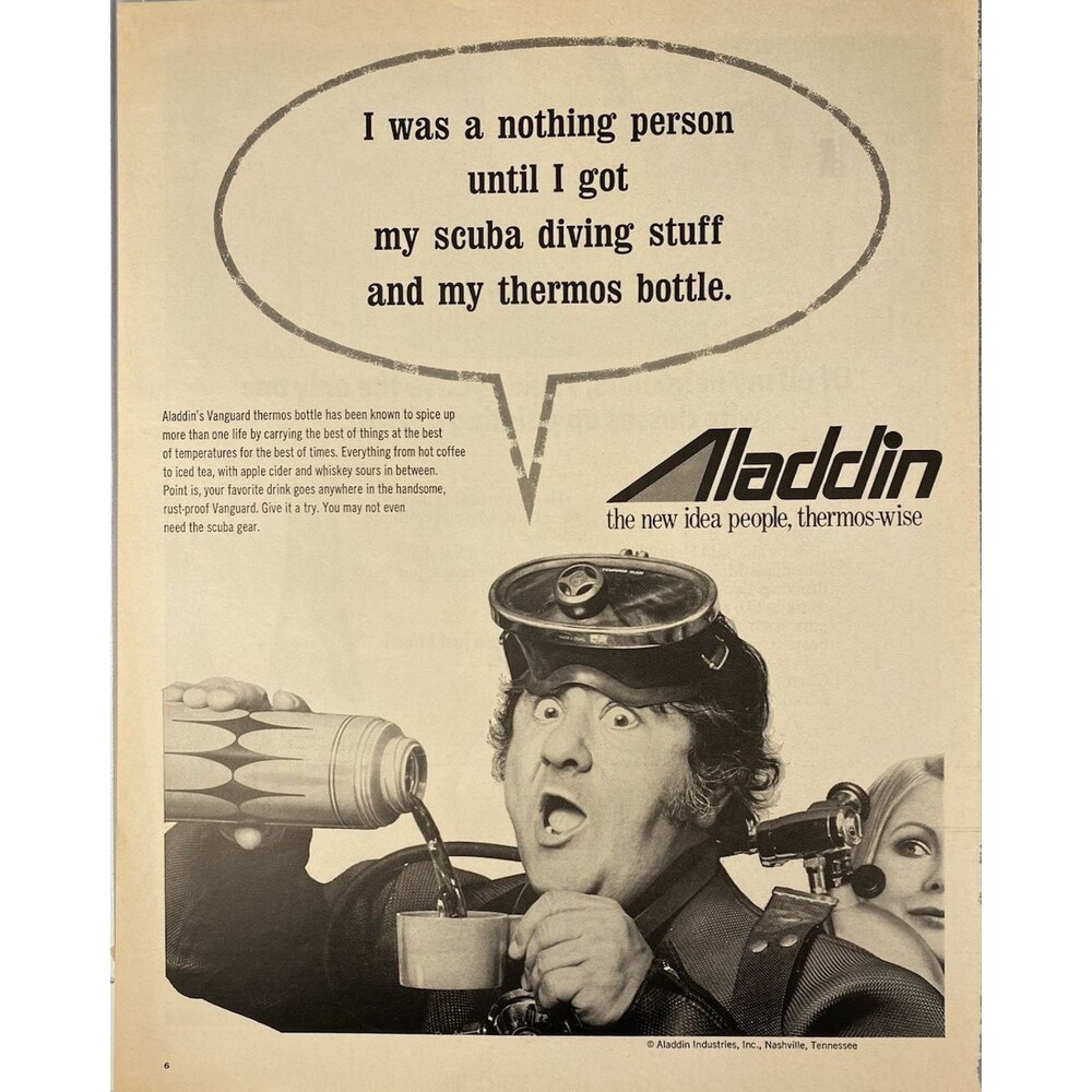 Aladdin Vanguard Thermos Buddy Hackett"I was nothing til I got my Thermos"Ad '71